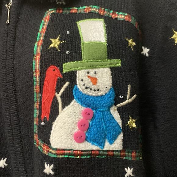 Vintage Studio Joy Snowman Christmas Sweater Jacket 1X Black Faux Fur Collar - Picture 6 of 9